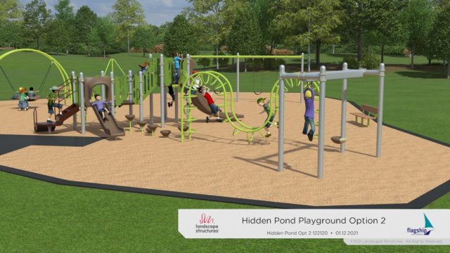 Playground design showing slides, swings, and climbing structures