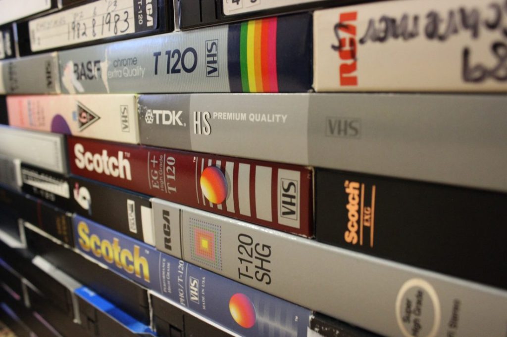 A stack of video tapes.