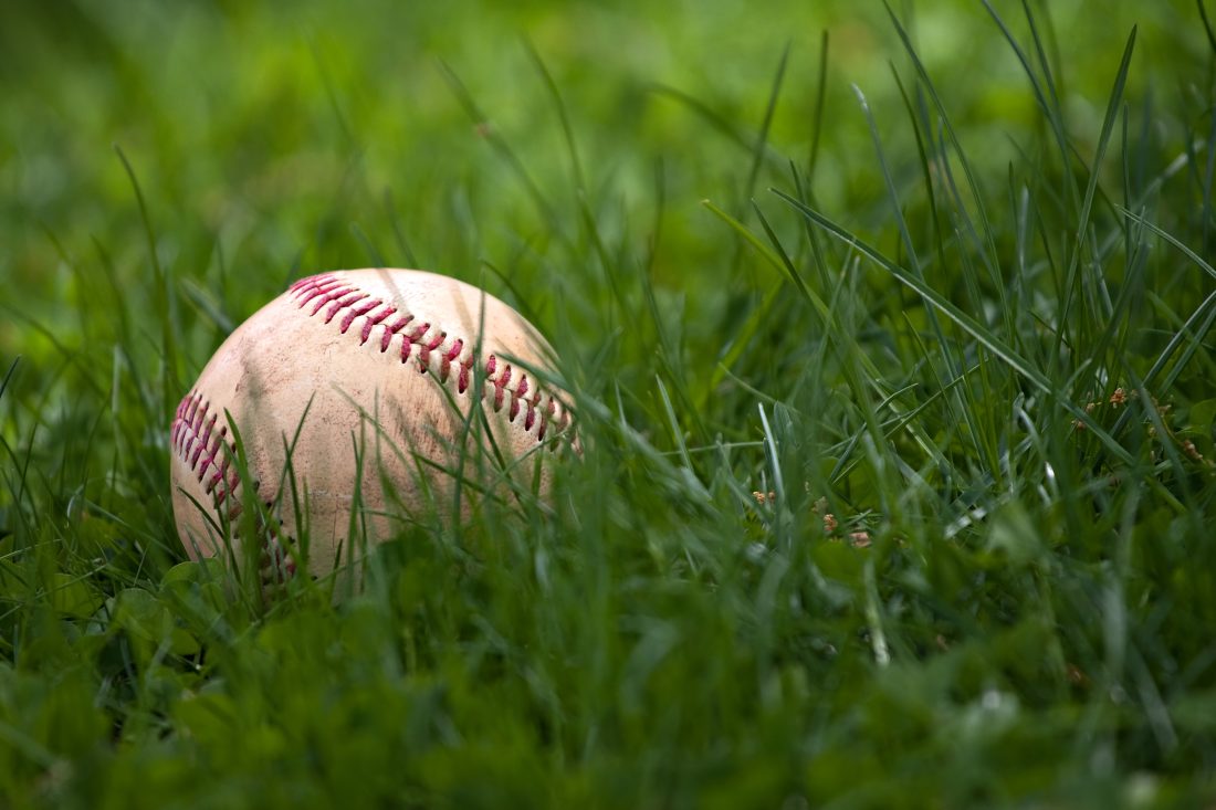 A baseball lies in a field of grass.