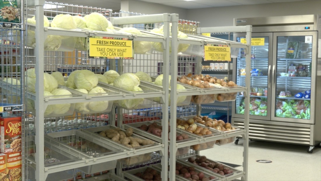 Shelves of food at the Centennial Food Shelf.
